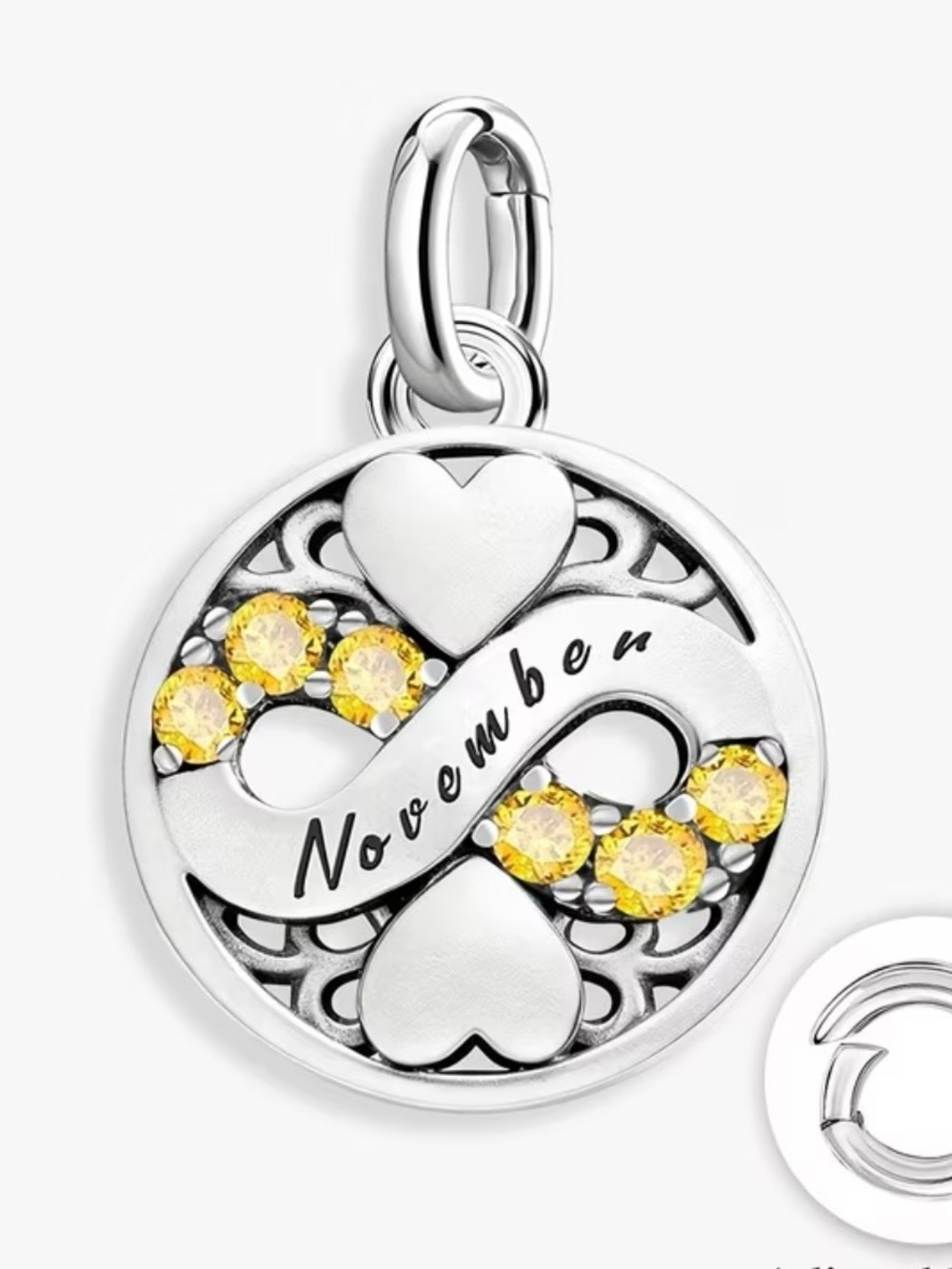November Infinity Birthstone Charm Pendant in Sterling Silver with Yellow Stones